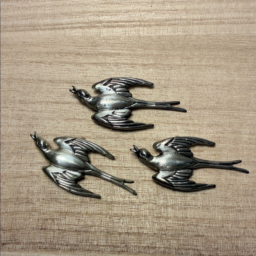 Vintage Sterling Silver Stamped Bird Swallow Brooch Trio Estate Jewelry
